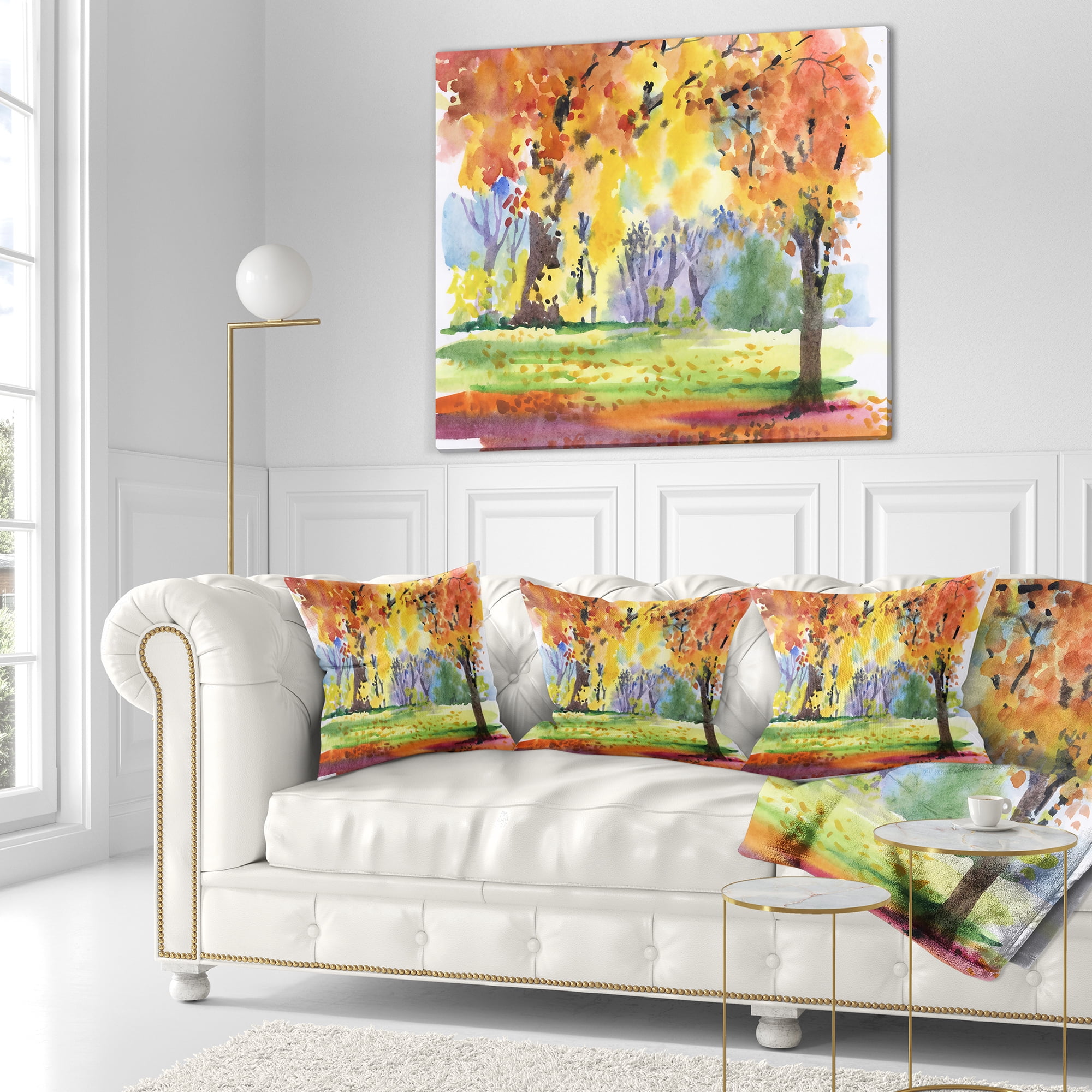 Designart Autumn Park Yellow Trees Watercolor - Landscape Printed Throw Pillow - 16x16