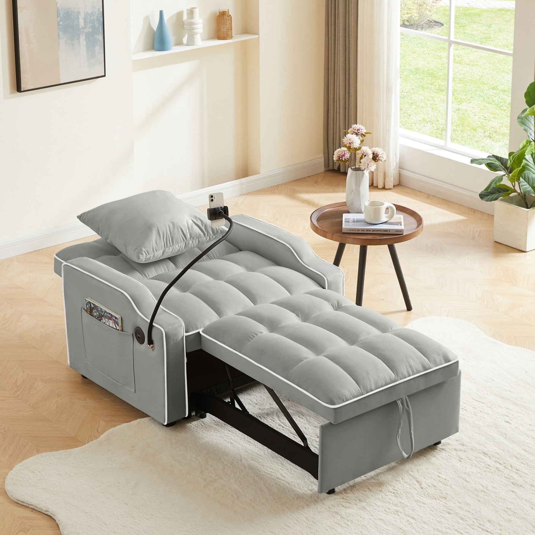 3-in-1 Sleeper Sofa Chair Bed with USB & Type-C, Adjustable Velvet Recliner Couch for Small Spaces, Gray
