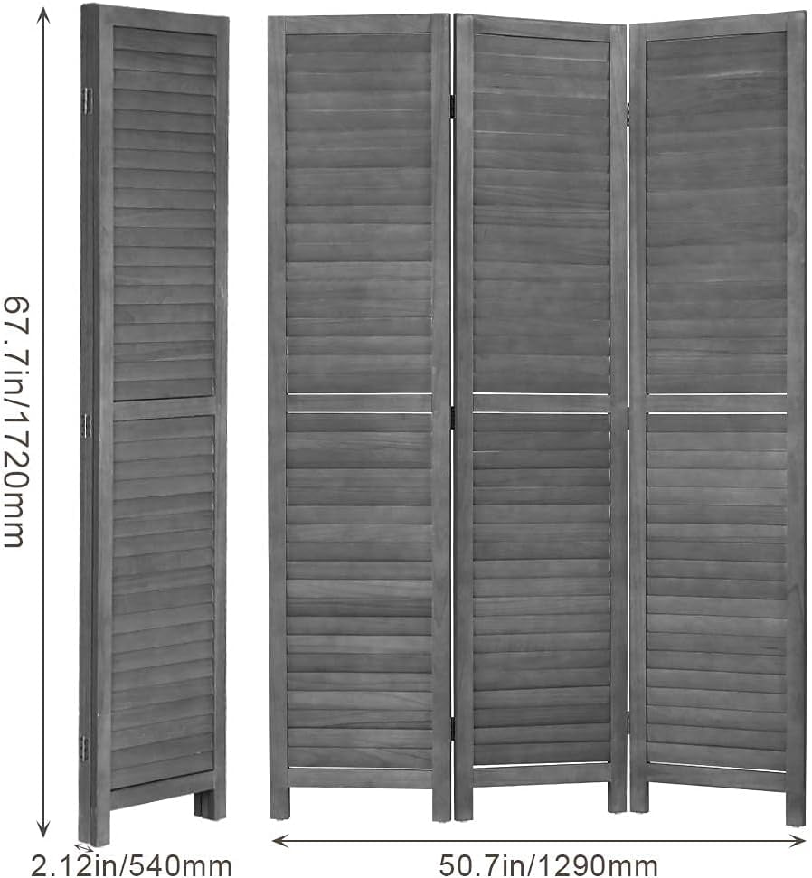 Dkelincs 3 Panel Wood Room Divider 4.3ft Tall Folding Privacy Screen Wall Divider 67"×16" Each Panel Wood Screen, Gray