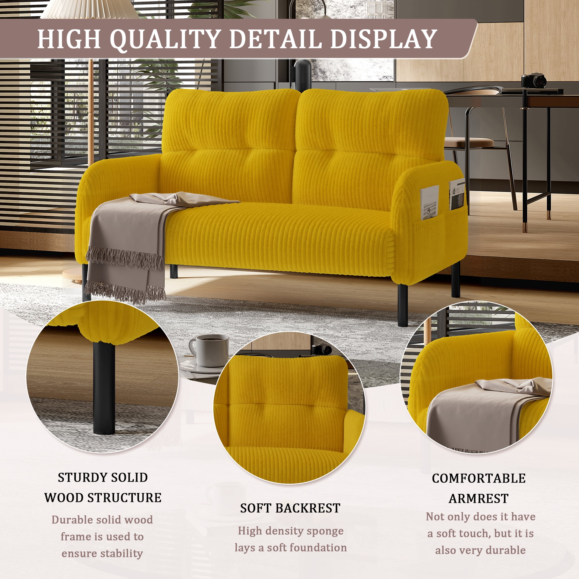 MOONMISS Corduroy Upholstered Tufted Comfortable Wood Frame Loveseats Sofa with Double Side Pocket-Yellow