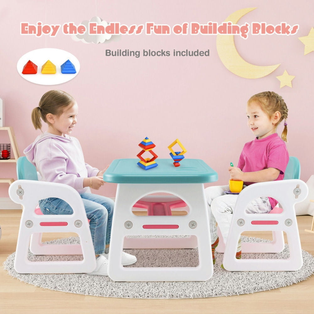 Resenkos Kids Table and Chair Set with Building Blocks-Pink & Blue, Small Folding Table for Arts & Crafts, Snack Time, Homeschooling, Homework