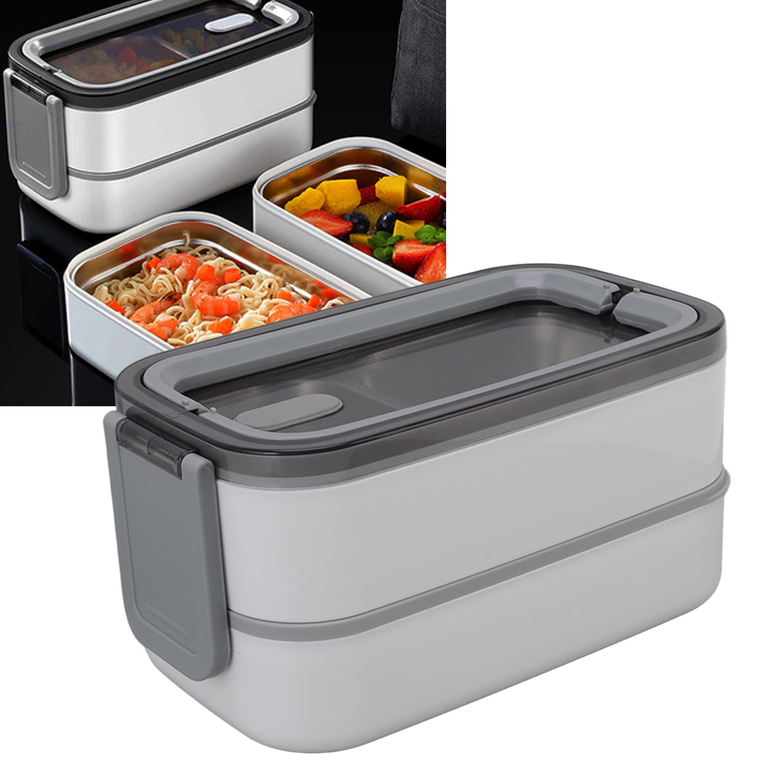 YAHHU 304 Stainless Steel Bento Box Double Layer Lunch Container, Microwaveable 3 Compartments Meal Prep Box with Chopsticks Spoon and Waterproof Tray, Leakproof Design (8.66 in / 22 cm)