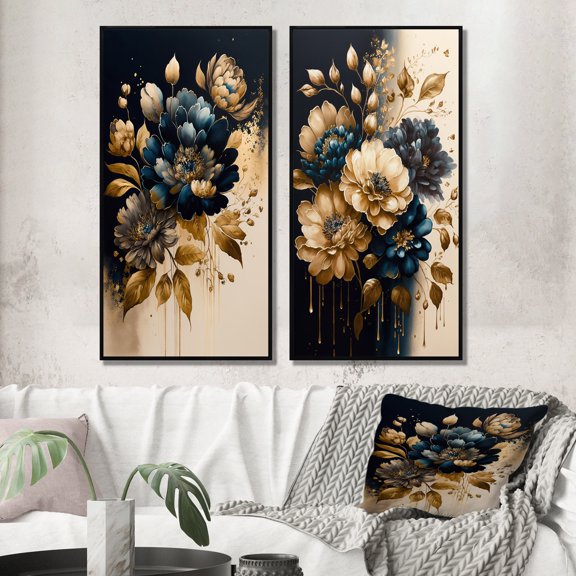 Designart "Zesty Blue and Gold Zinnias II" Zinnias Framed Wall Art Set Of 2 - Blue Floral Frame Gallery Set For Office Decor