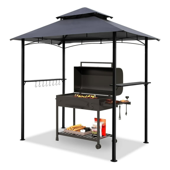 GARTOO 5x8 Grill Gazebo with LED Lights, Double-Vented Roof, UV Protection - Perfect for Outdoor BBQ & Patio, Gray