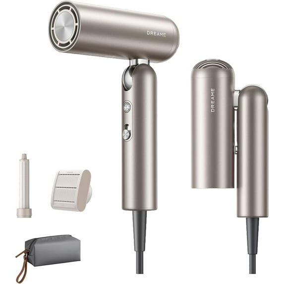 Dreame Pocket Hair Dryer - Ultra Lightweight Blow Dryer with 2 Styling Attachments, Fast Drying, High-Speed Brushless Motor, 300M Negative Ions, Low Noise, Portable for Home & Domestic Travel & Gym