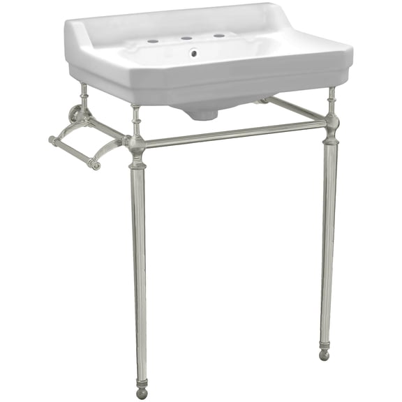 Victoriahaus console with integrated rectangular bowl with widespread hole drill, Brushed Nickel leg support, interchangable towel bar, backsplash and overflow