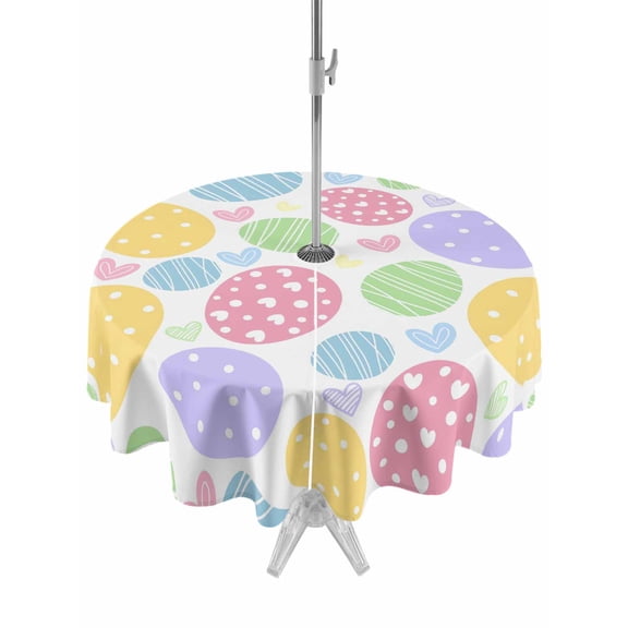 Outdoor Tablecloth with Umbrella Hole and Zipper, Easter Eggs Round Table Cloth 54 Inch Waterproof Tablecloth, Cute Colorful Spring Love Country Picnic Table Cover for Patio Camping