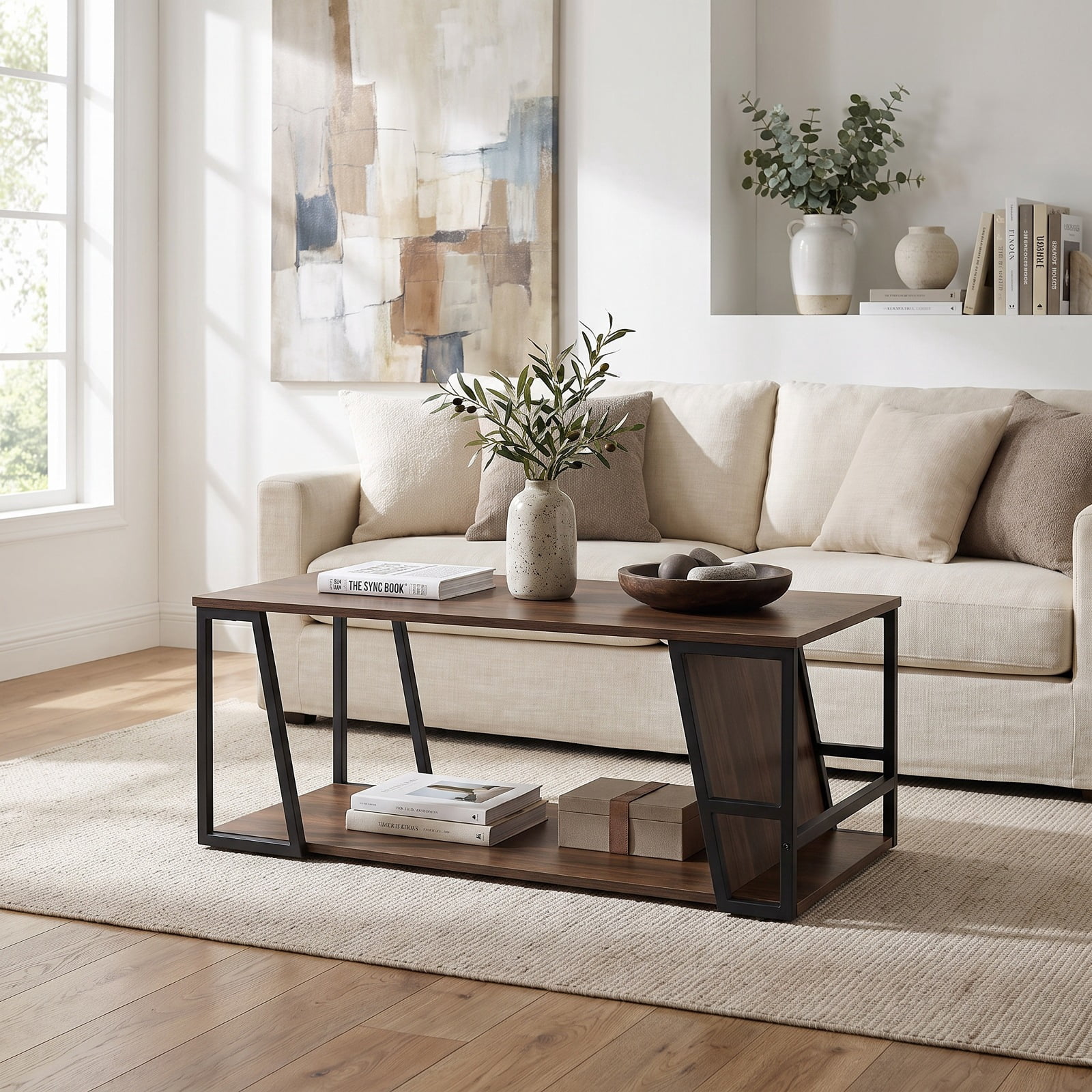 Furnibear Rectangle Industrial Coffee Table 2 Tier Accent Table with Storage Shelf and Side Compartment for Living Room, Brown