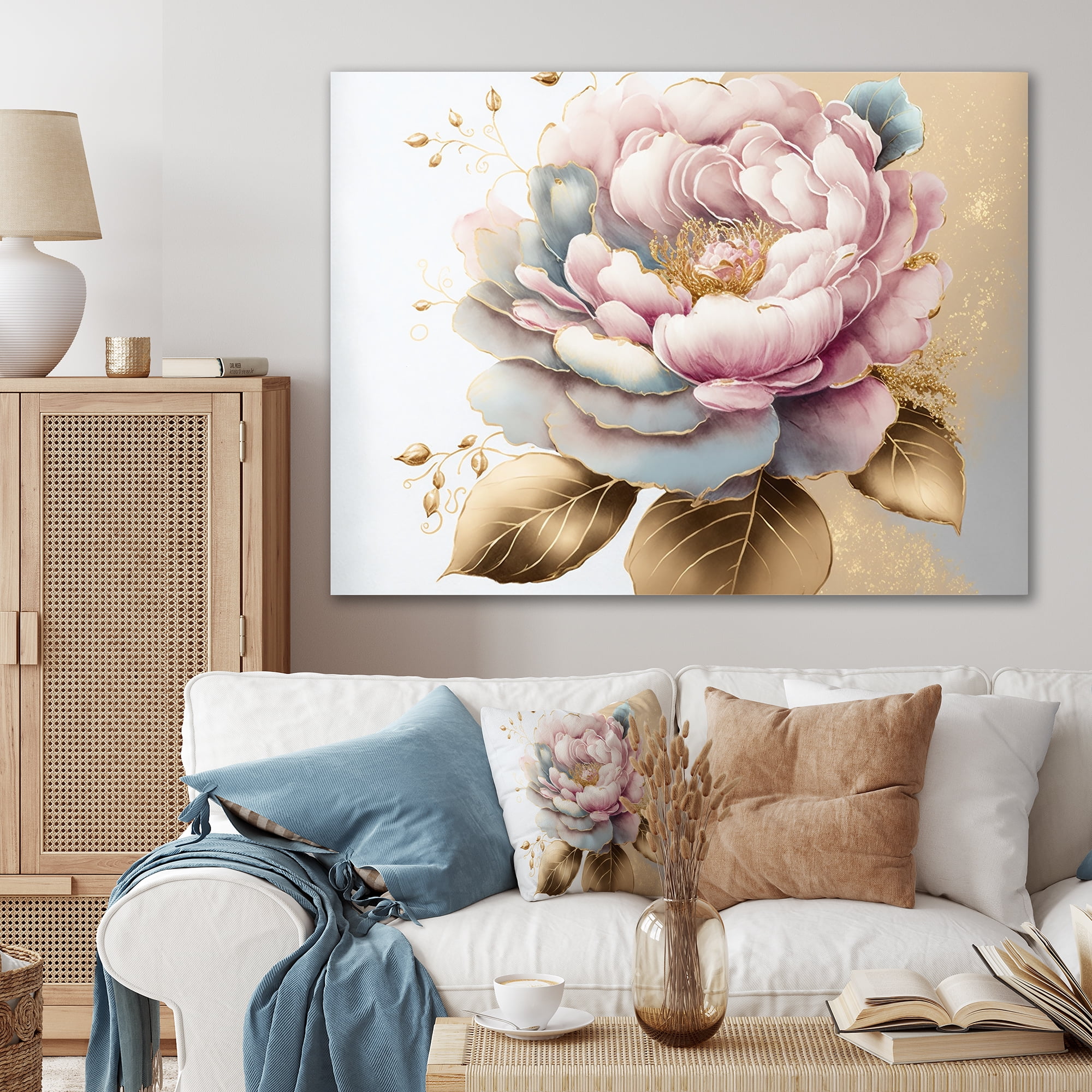Designart Pink And Gold Camellia Flower I Canvas Wall Art