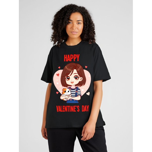 Camiseta negra "Feliz Día de San Valentín" para hombre con un adorable diseño de niña y perro. Algodón cómodo, cuello redondo, manga corta. Ideal para San Valentín. Gráfico divertido. Estampado de cal