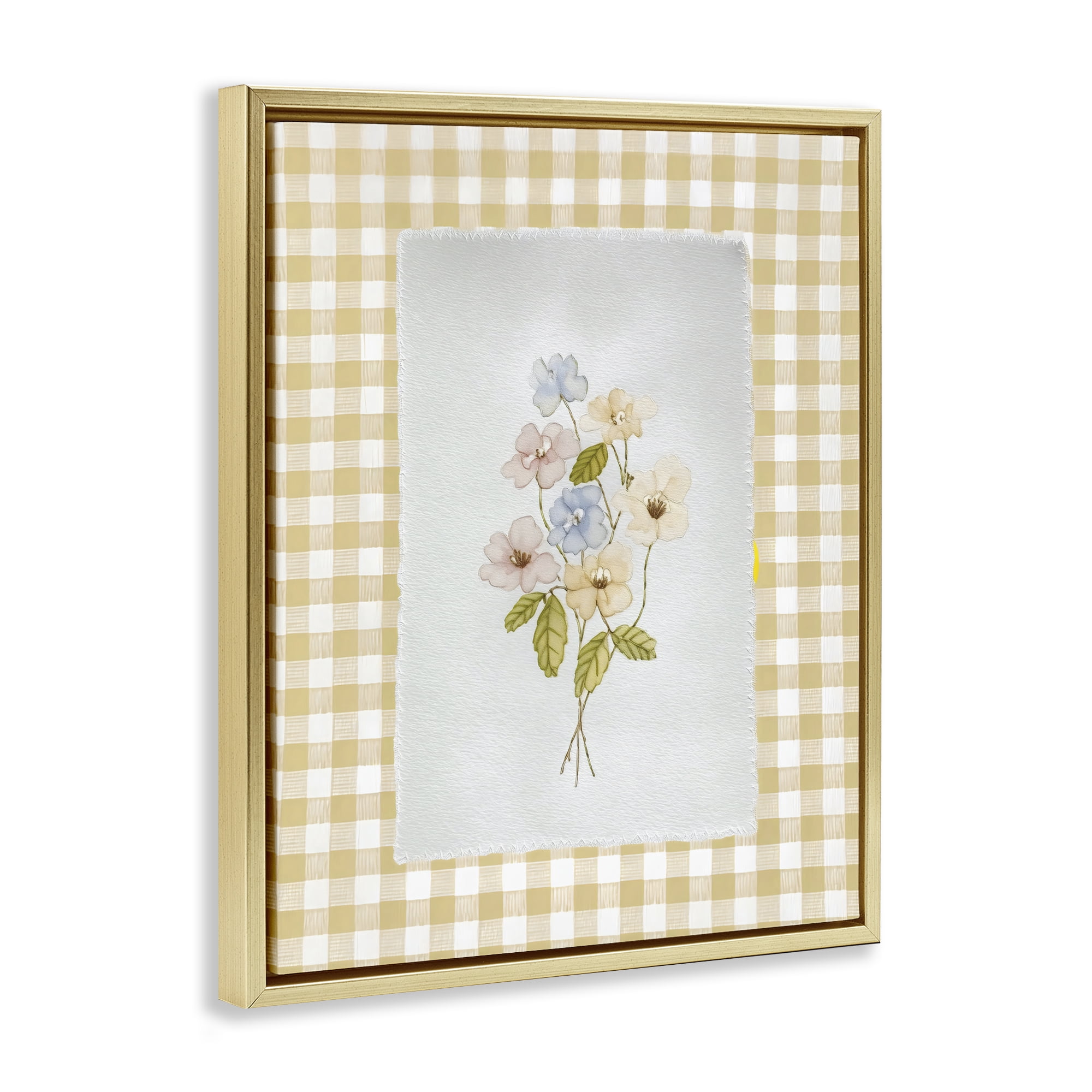 Stupell Industries Soft Gingham Flowers Gold Framed Floater Canvas Wall Art, design by Arlington Prints