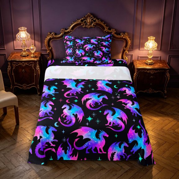 Manfei Fantasy Dragon Animals Twin Sheets,Vintage Stars Moon Bedding,Blue Purple,3 Pieces,1 Flat Sheet,1 Fitted Sheet and 1 Pillowcase