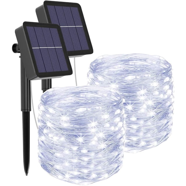 Solar String Lights, 2 Pack of 100 LED Solar Fairy Lights 33ft 8 Modes Waterproof Solar Christmas Lights Outdoor Waterproof LED String Lights, Cool White