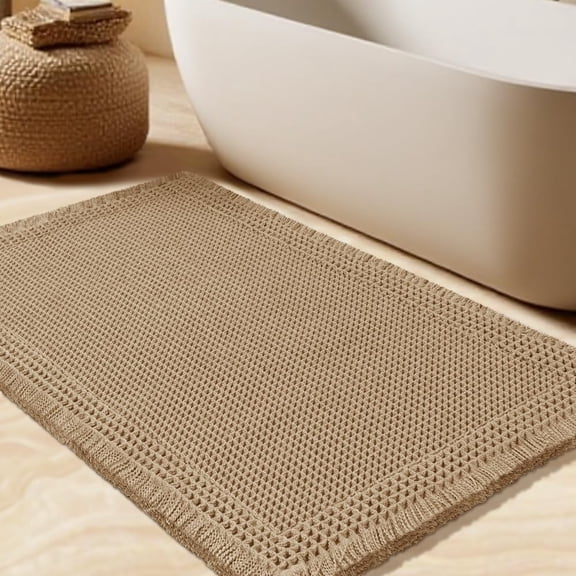 Waffle Bath Mat, Boho Woven Modern Bath Rug Absorbent Non Slip, Ultra Soft Bathroom Mats, Machine Washable Knit Bath Rugs with Border for Bathroom, Bedroom, Kitchen, Shower, Tub, 36"x24", Beige