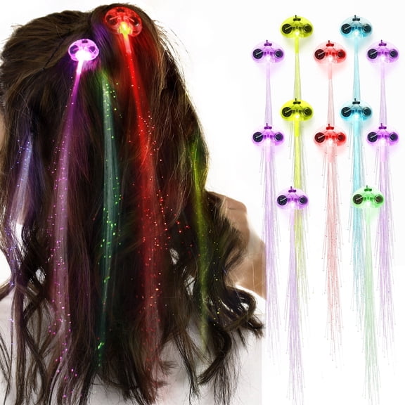 Novelty Place 12Pcs LED Hair Light Up Fiber Optic, LED Hair Extension with Clip, Bar Dancing Hairpin Flashing Braid Glow in the Dark Party Accessories