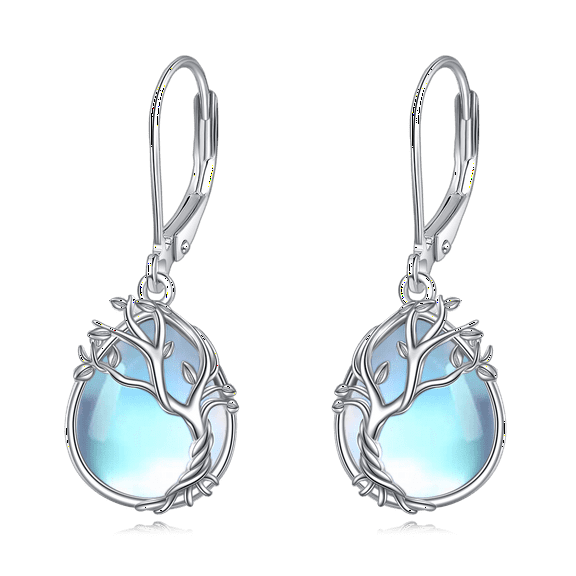 925 Sterling Silver Tree of Life Monstone Earrings Filigree Teardrop Dangle Drop Leverback Earrings for Women Jewelry