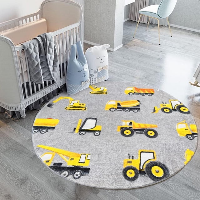 TEMBR Round Rug,Trucks Large Non Slip Super Soft Plush Area Rug for Kids Room Playroom Nursery Bedroom, Educational Washable Circular Floor Mat for Home Room Decorative(31.5")