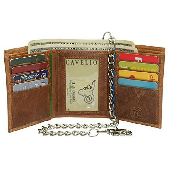 RFID Blocking Leather Chain Trifold with ID Window and Credit Card Pockets USA Series