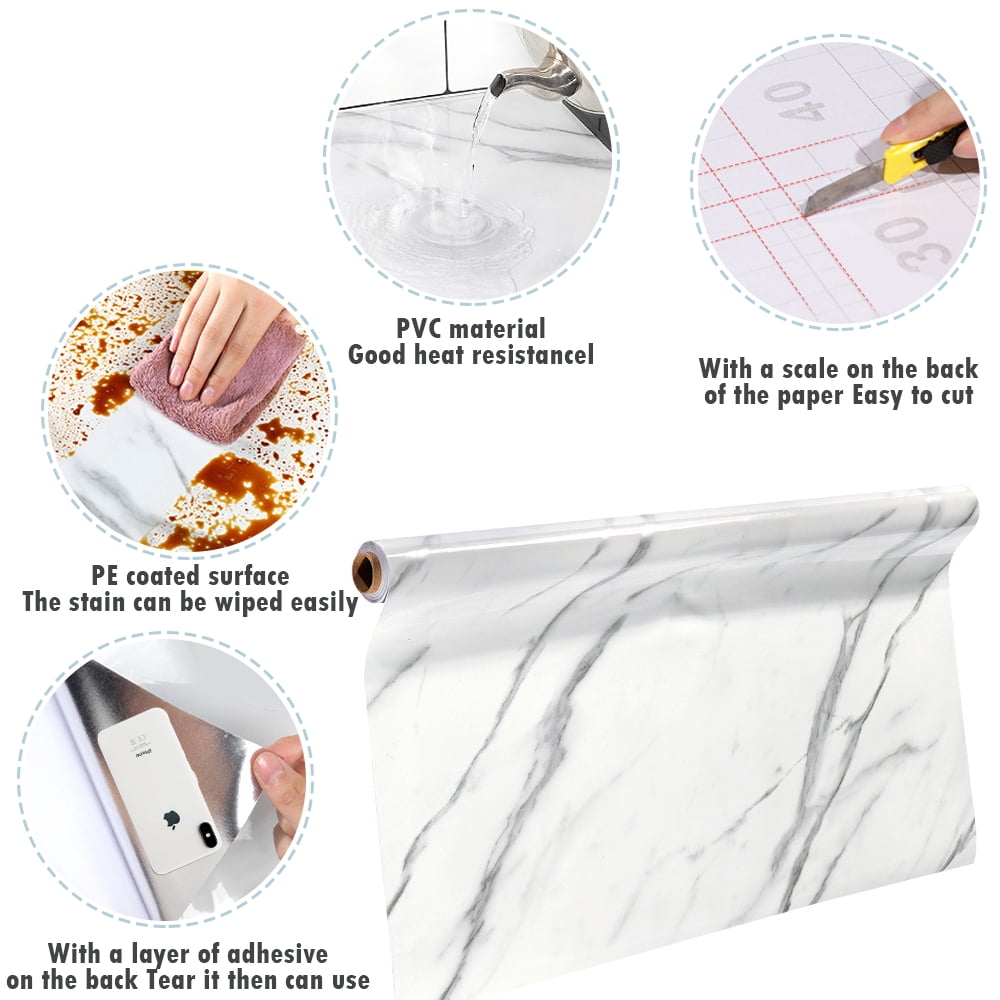 EIMELI 3D White/Gray Marble PVC Wallpaper Thicken Cleanable Self-Adhesive Paper for Countertops Removable Peel and Stick Wallpaper Wall DIY Design 1.96 x 16.4 ft Back Splashes for Kitchens