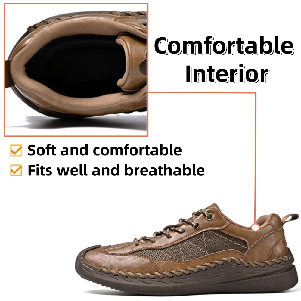 Mens Casual Leather Shoes Outdoor Hiking Work Shoes Breathable Lightweight Sneakers Comfortable Lace-up Driving Shoes Brown 6.5 US