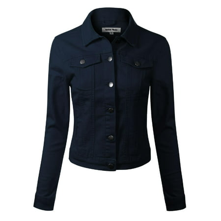 Made by Olivia Women's Solid Button Down Long Sleeve Classic Outerwear Cropped Denim Jacket Navy