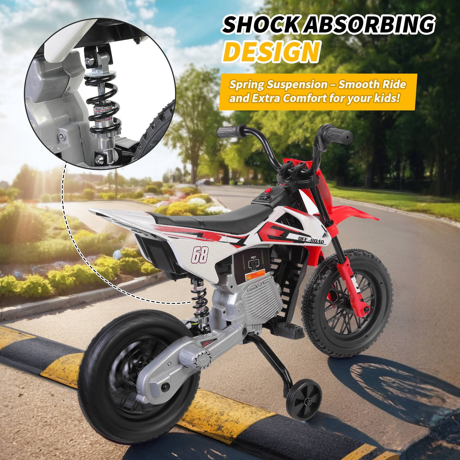 Tapoja 12V Kids Electric Dirt Bike w/ Twist Grip Throttle, Ride on Motorcycle w/ Training Wheels, Powered Ride on Toys for Boys Girls Ages 3-8, Spring Suspension, Dual Motors, Bluetooth, MP3
