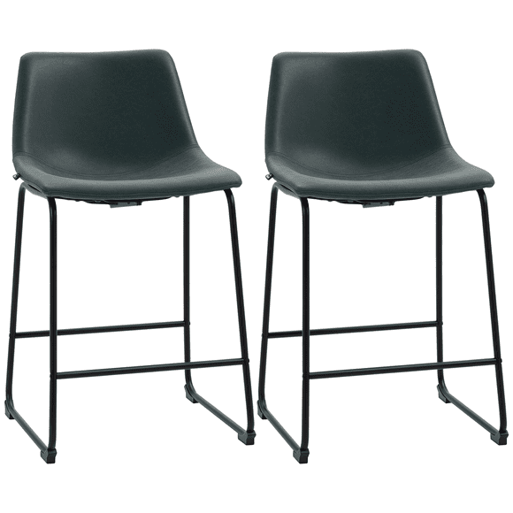Vintage Dark Green PU Leather Counter Height Bar Stools (Set of 2) - Kitchen & Bar Chairs with Footrest - 18.5" x 21.3" x 34.3"