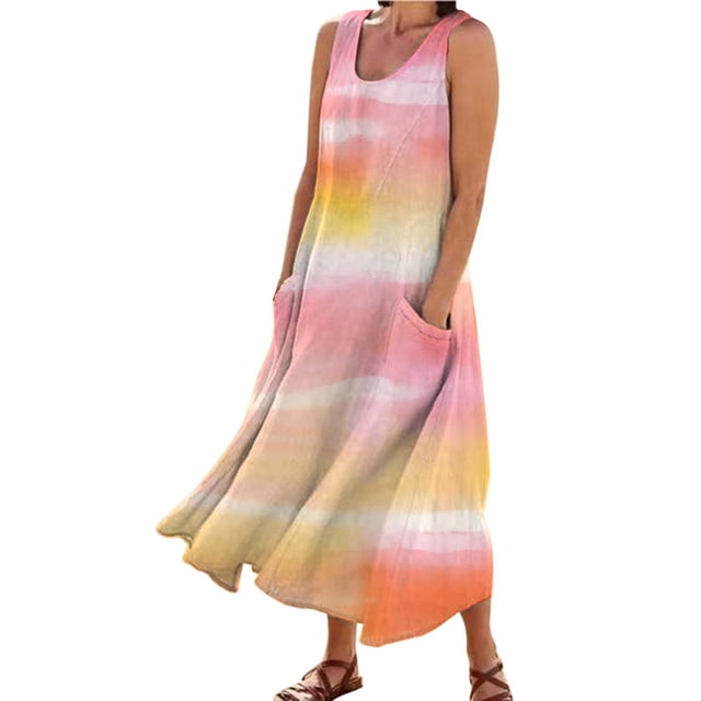 Vestido informal largo de verano con cuello redondo y rayas degradadas para mujer