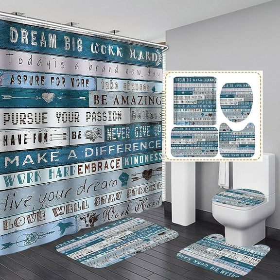 4PCS/Set Inspirational Quotes Shower Curtain, Black and White Art Stairs Motivational Bathroom Decor for Men, Waterproof Fabric Shower Curtain, Non-slip Bath Rugs Toilet Mats, Steps to Success