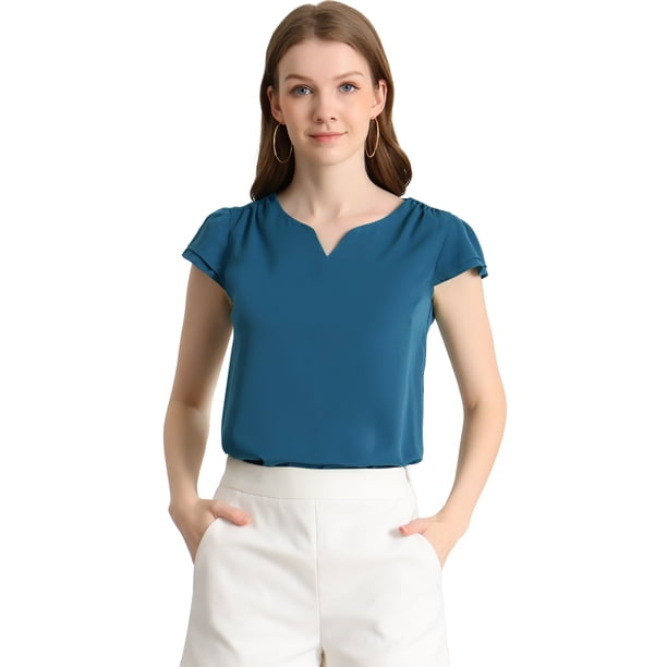 Camiseta Manga Tulipán Cuello En V Básico Para Mujer Azul índigo L