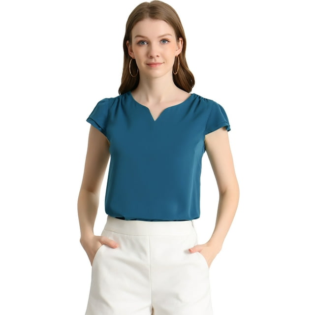 Camiseta Manga Tulipán Cuello En V Básico Para Mujer Azul índigo L