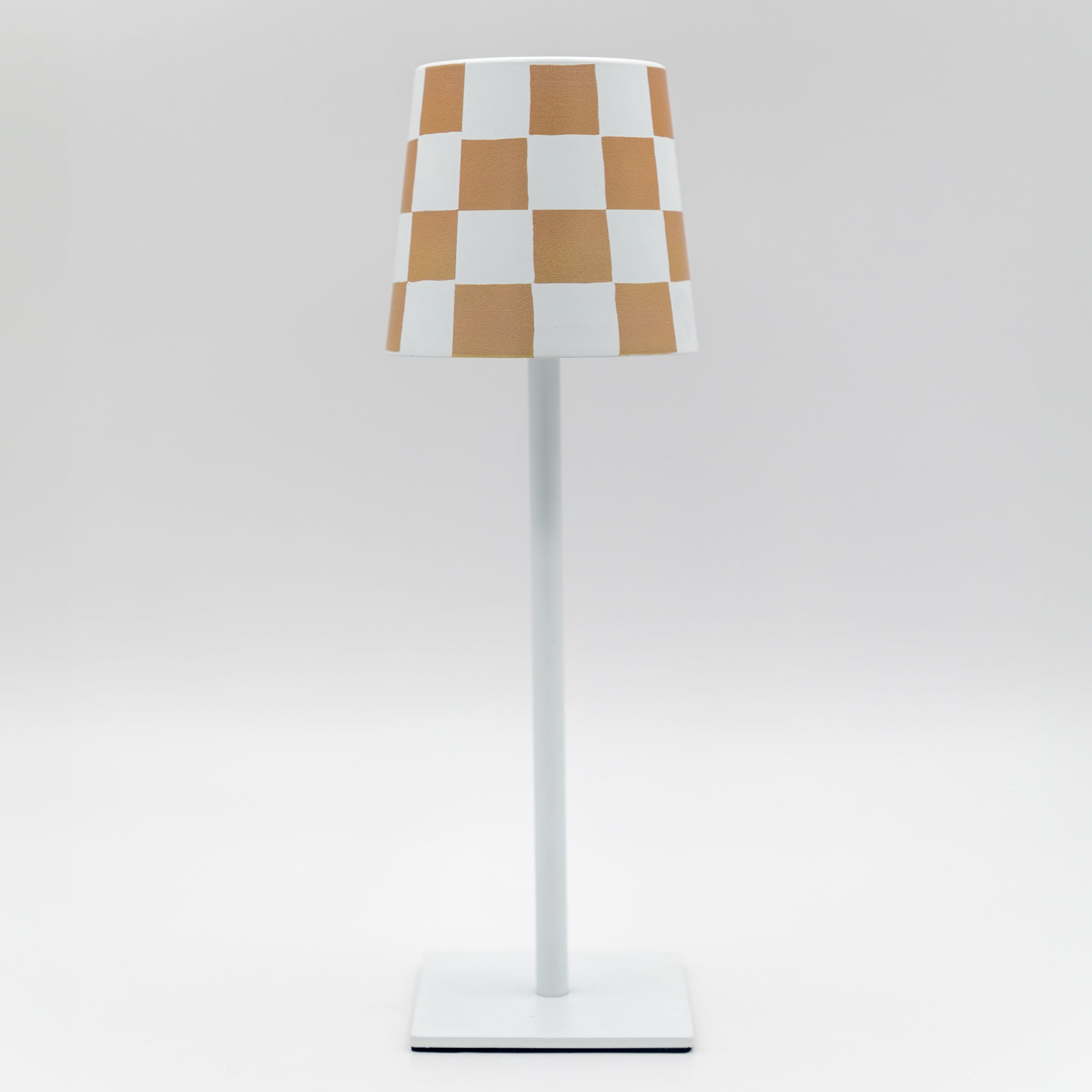Portable and Rechargeable Tan & White Checkered 11" Touch Lamp with Multi Light Settings