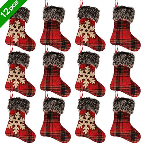 Rustic Xmas Tree Holiday Decorations 12 Pack 9 Buffalo Plaid Snowflake with Plush Faux Fur Cuff Red/Black Ivenf Christmas Mini Stockings