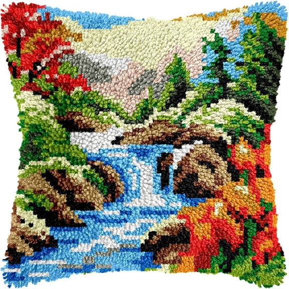 Waterfall Scenery Latch Hook Kits Pillow DIY Rug Crochet Hook Cushion Making Kits Printed Pattern Canvas Pillowcase Hooking Kits Pillow Cover Crochet Kits 43x43cm(fs113)