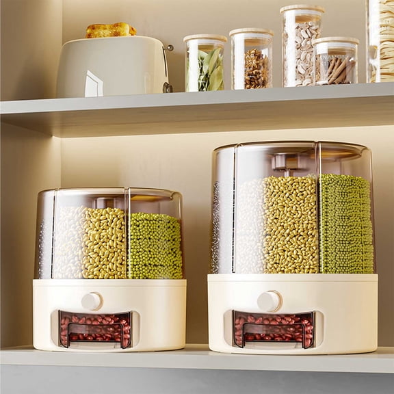 Grain Storage Dispenser 360° Rotating Container – 6-Grid Plastic PET Food Organizer for Rice, Oats, Beans, Cereal – Easy Dispense, Airtight, Transparent Kitchen Storage Box