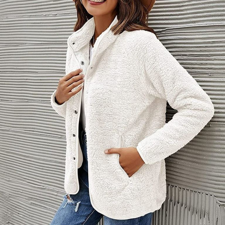Leadmall Women Fleece Jackets Snap Buttons Closure Lapel Long