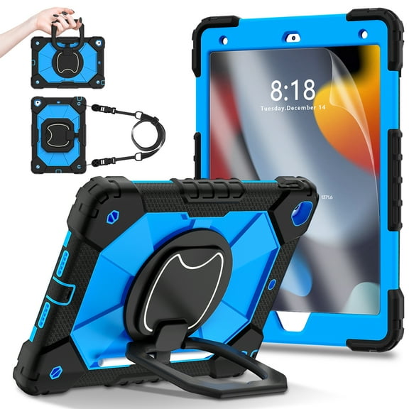 Decase for Apple iPad 10.2" 9th 8th 7th Generation Heavy Duty 3-Layer Protection Case,with Screen Protector,Rotating Hanging Stand,Crossbody Shoulder Strap Shockproof Cover Case,Black Blue
