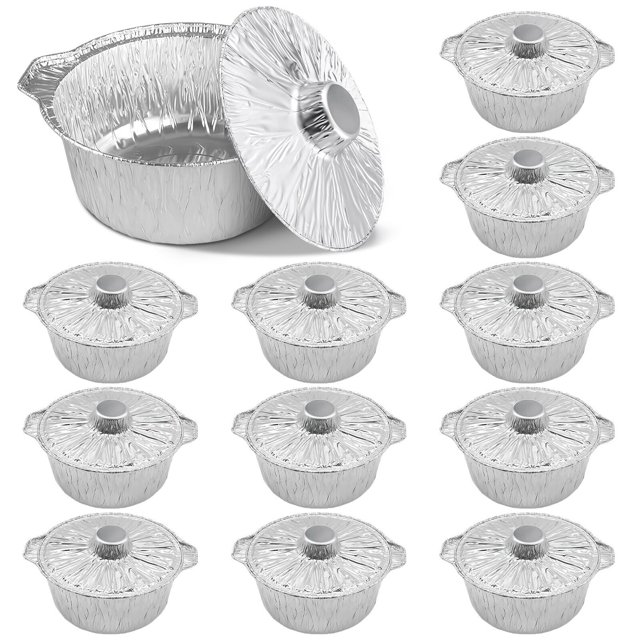 12 PCS Disposable Aluminum Foil Pots with Lid, Round Foil Pans, Disposable Cookware Food Containers, Portable Foil Pots for Vacation Trips Camping Baking Heating Cooking