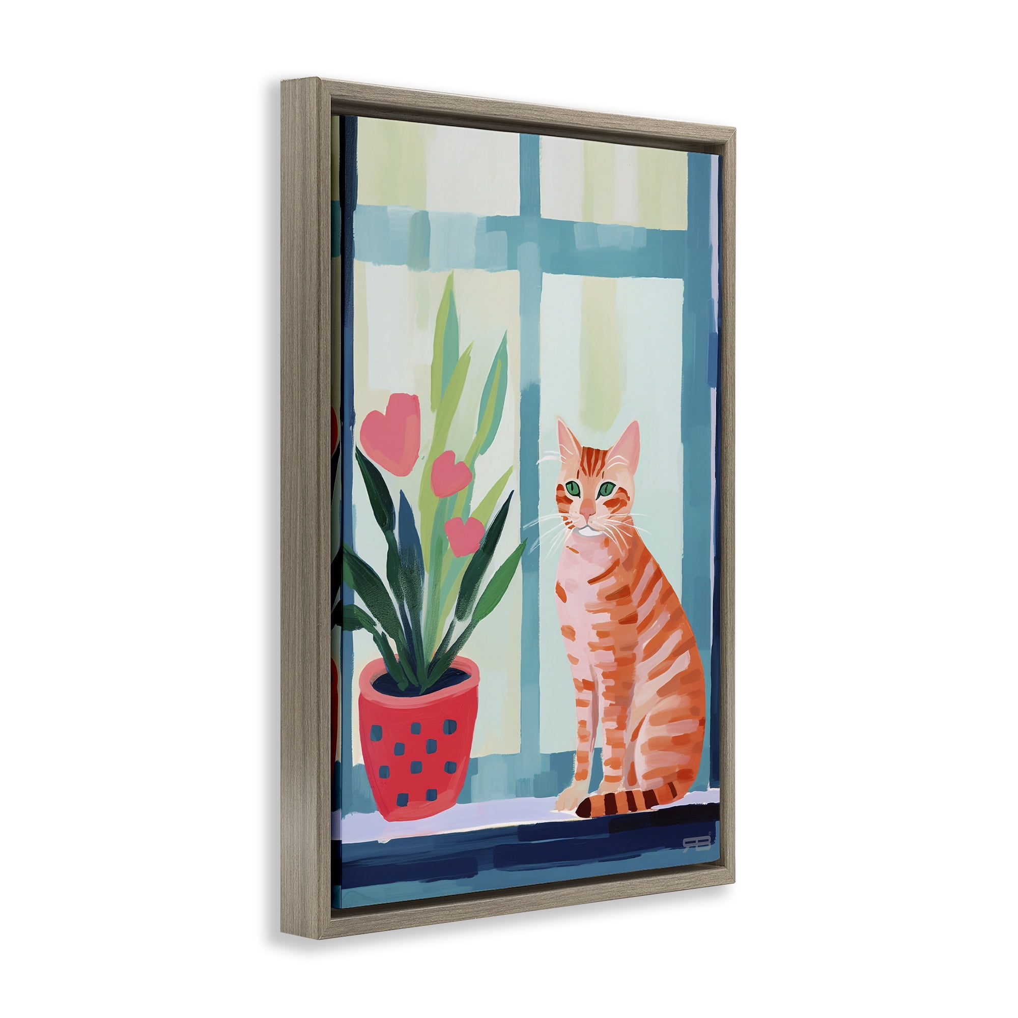 Stupell Industries Cat & Tulips in Windowsill Animals & Insects Painting Brown Floater Framed Canvas Art Print Wall Art, 17 x 25