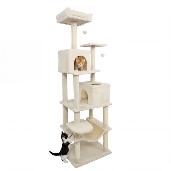 Costway 70” Cat Tree for Indoor Cats with Padded Top Perch, Dual Condos, Hammock, Platforms Beige
