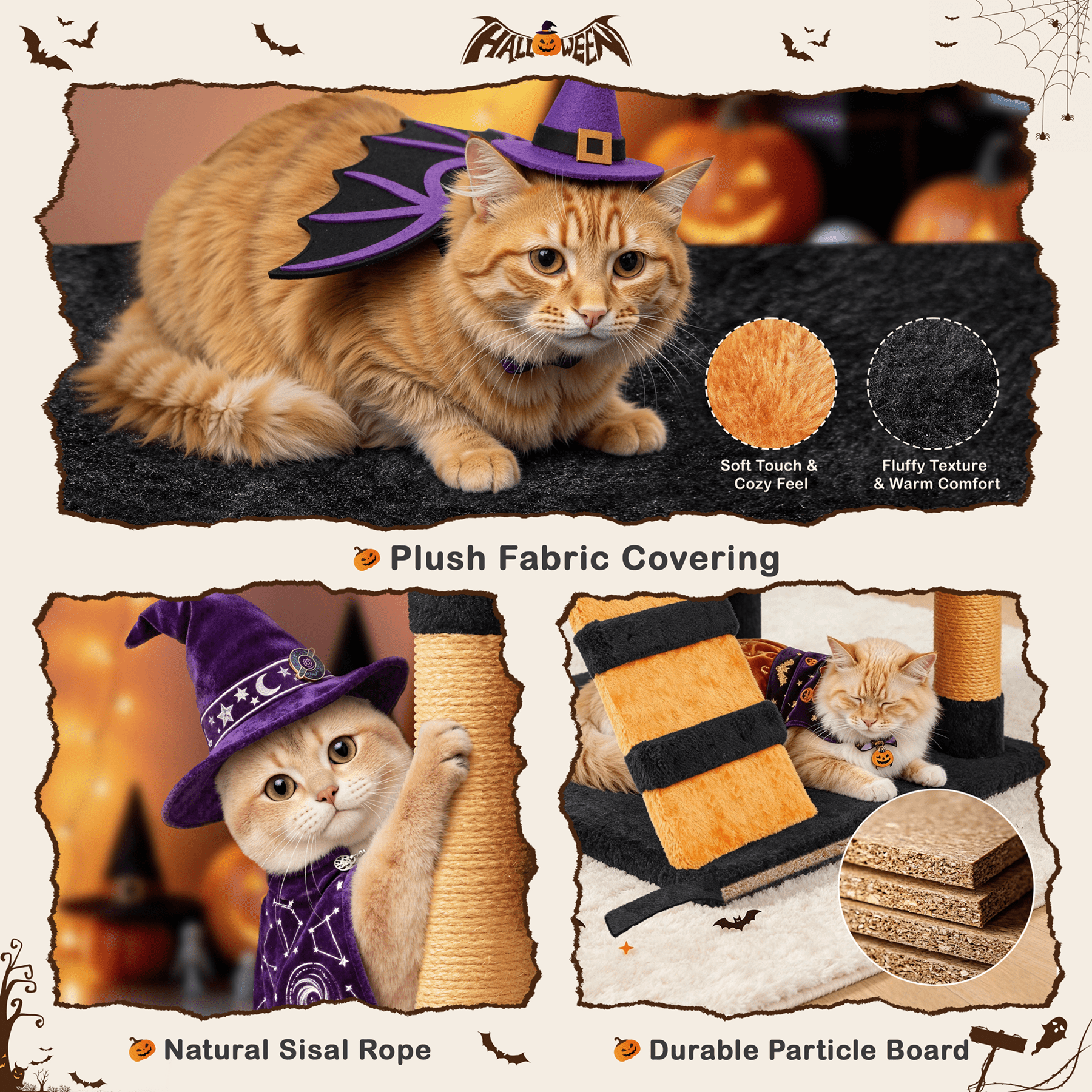 Alden Design 54″ Tall Cat Tree with 3 Scratching Posts, Black/Pumpkin Orange