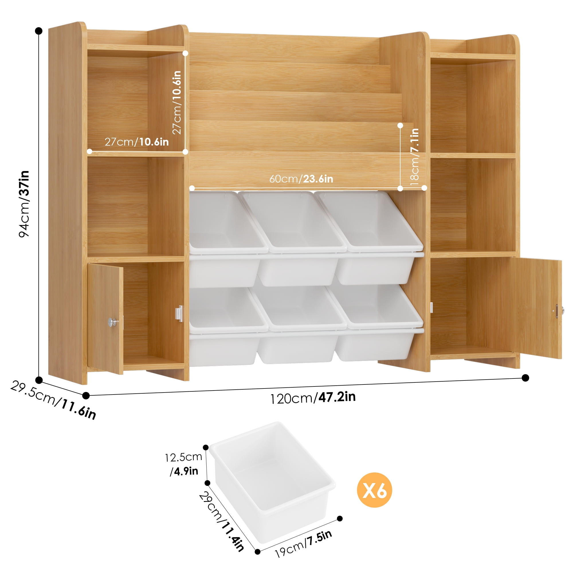 Hiphuta Kids Bookcase Toy Storage Organizer, Wooden Toy Chest for Kids with 6 Removable Toy Boxes, Kids Storage Bookshelf for Bedroom Playroom, Natural
