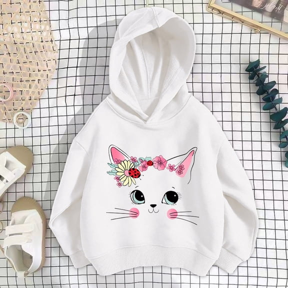 Angala Little Girls Hoodies Sweatshirts Size 7-8 Years Fall Winter Soft Warm Cute Cat Print Long Sleeve Dailywear Girls Sweatshirts White