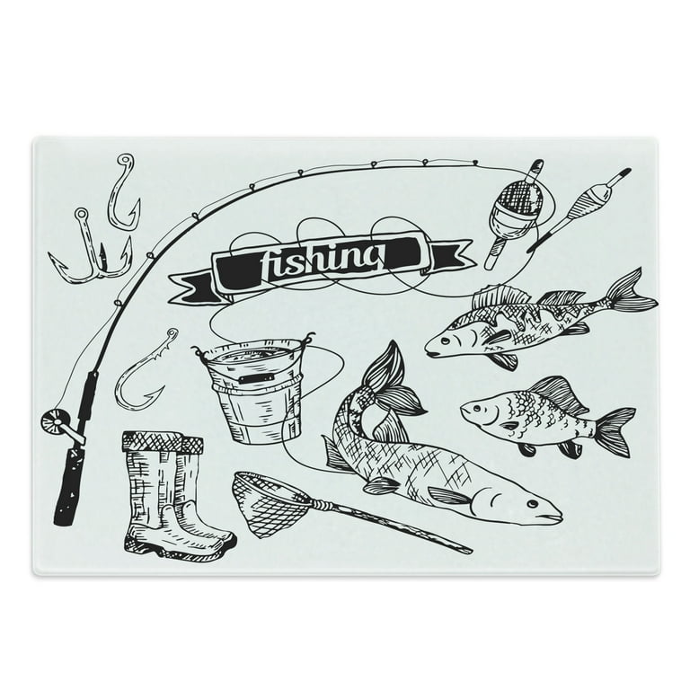 Fishing Cutting Board, Hand Drawn Tools Set Rod Salmon and Perch