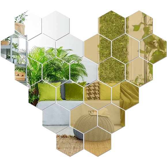 Autocollants Muraux Miroir; 24 Pcs Autocollants Miroir Amovibles Or et Argent Bricolage Décoration Murale en Acrylique Carreaux de Miroir Autocollant Mural Miroir Hexagonal Miroir Non en Verre pour Salon Chambre Décoration de Pâques