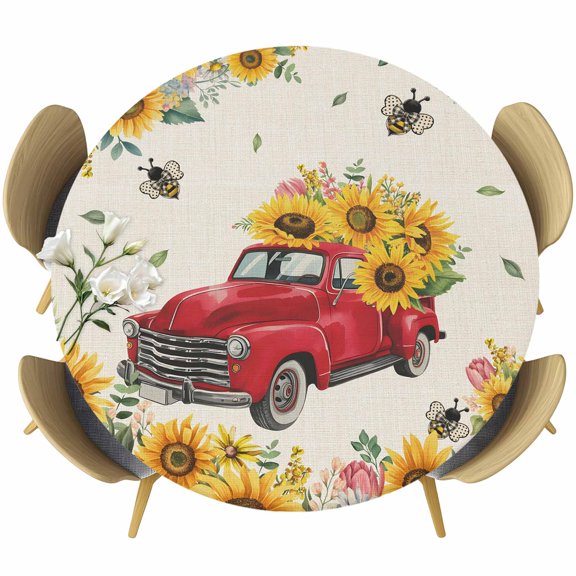 Spring Yellow Sunflowers Round Tablecloth 55-60 Inch Round Fitted Table Cloth with Elastic Edge, Farmhouse Car Bees Country Waterproof Table Cover Protector for Outdoor Picnic Party Dining