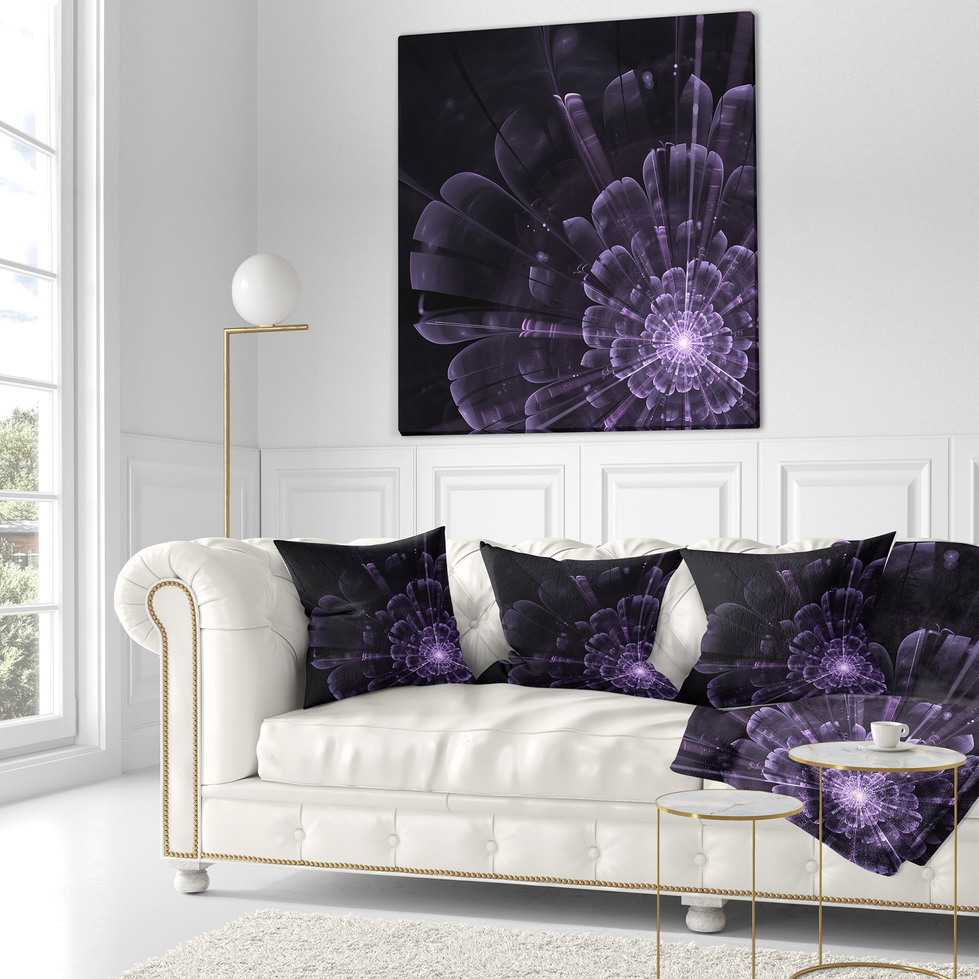 Designart Glowing Crystal Purple Fractal Flower - Floral Throw Pillow - 18x18