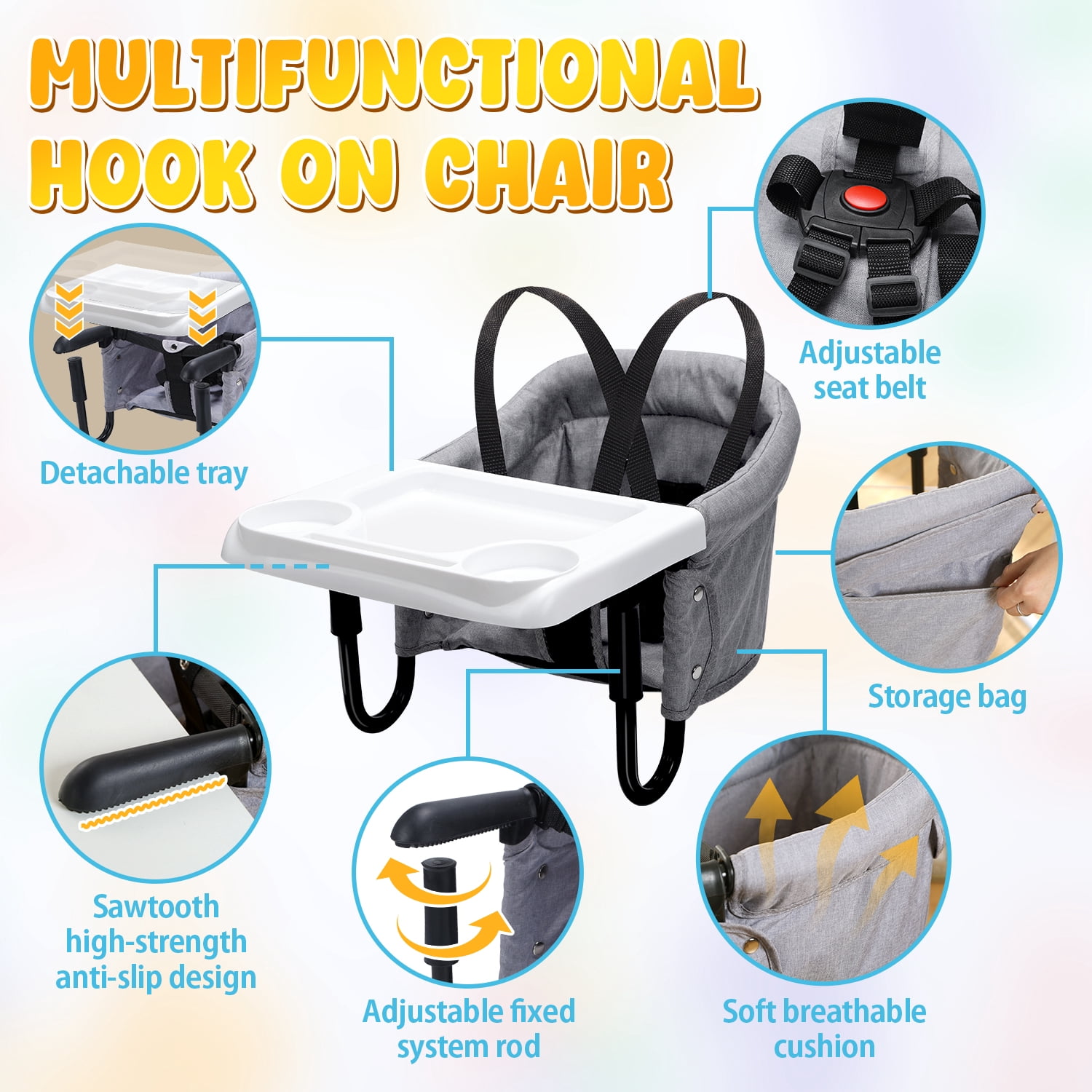WonderStone Hook On Chair, Portable High Chair with Tray, Storage Bag & Free Accessories, Clip-On Table Chair for Baby and Toddler, Ideal for Home and Travel, Gray