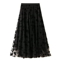 Lu's Chic Women's Tulle Skirt High Waisted Floral Layered Elastic Waist A-line Midi Tutu Waisted Tea-length Mesh Pleated Formal Prom Party Skirts Black X-Small-Large