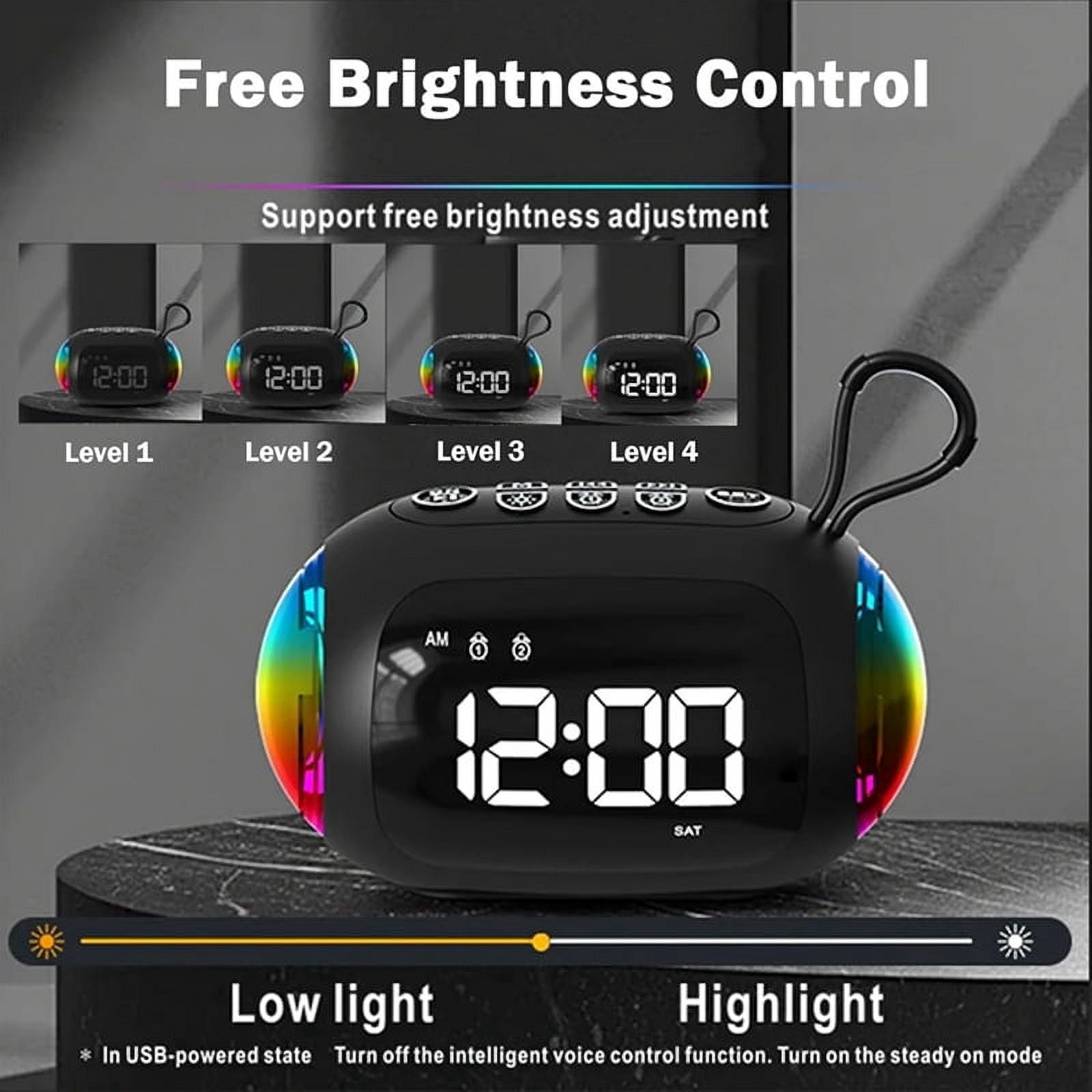 Portable Alarm Clock FM Radio Bluetooth Speakers Colorful Light Subwoofer with Dimming Display Dual Alarm Music Player,A